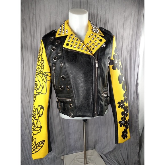 Azalea Wang Akira Yellow Black Studded Colorblock Longsleeve Jacket Size Small - Picture 4 of 16